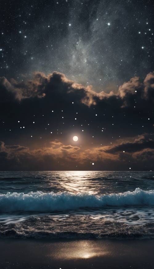 Lautan hitam di malam hari, di bawah langit penuh bintang yang bersinar terang.
