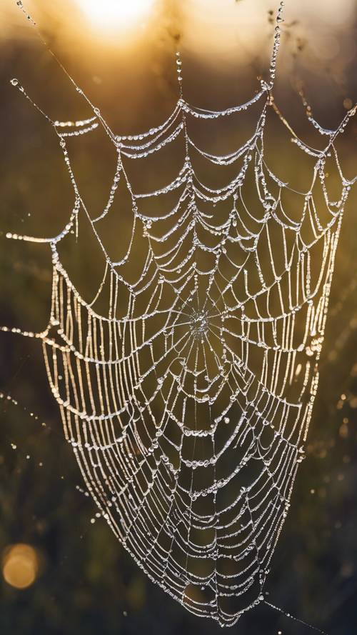 Glitzernder Tau auf einem Spinnennetz im frühen Morgenlicht, der das Zitat „Tu kleine Dinge mit großer Liebe“ bildet.