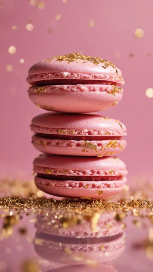 Close view of a pink French macaron sprinkled with edible gold dust.