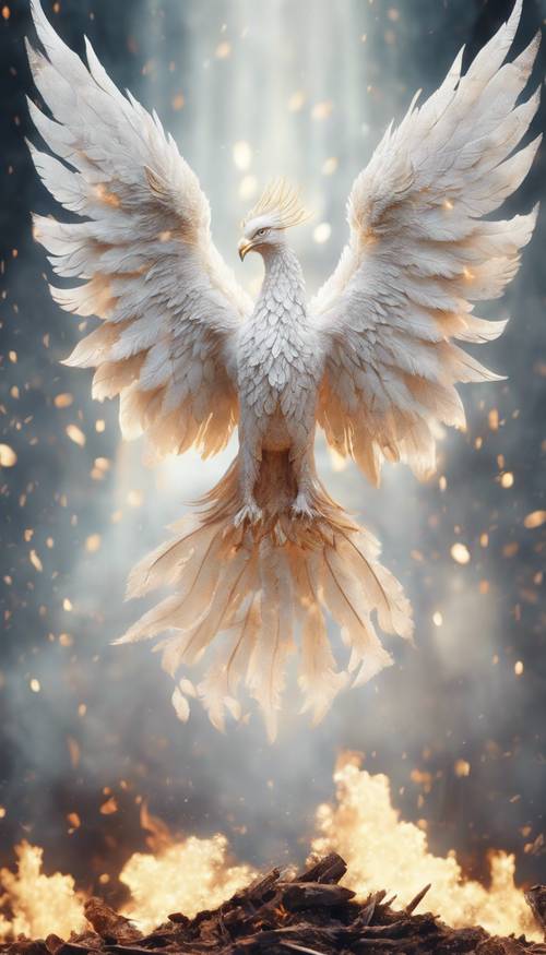 Artistic interpretation of a mythical white phoenix rising from the ashes.