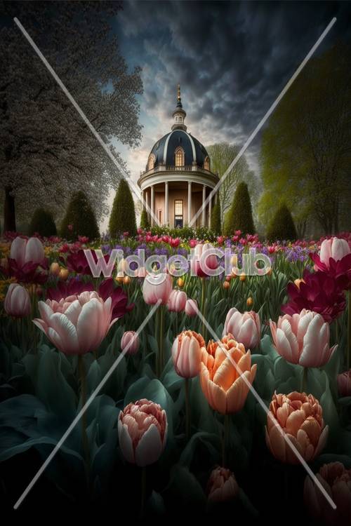 Colorful Tulips in Front of a Classic Building