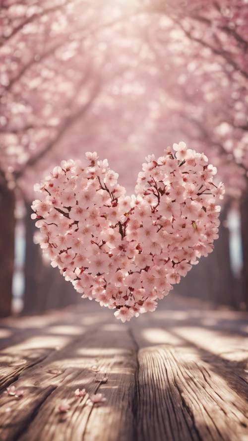 Un cuore fatto di fiori di ciliegio su una superficie di legno.