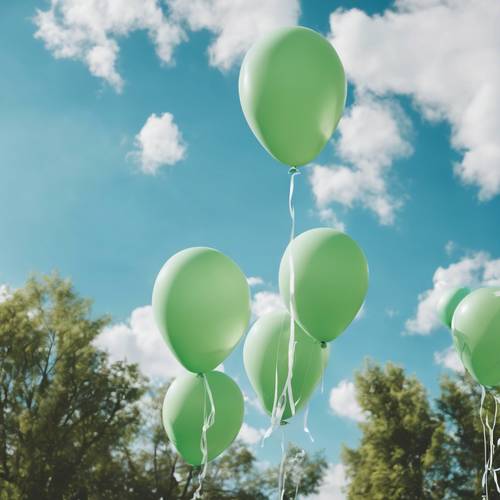 A birthday party setting with green and white striped balloons float in a blue sky.