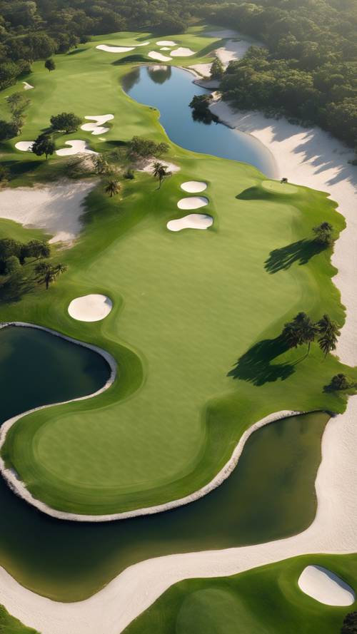 Une vue aérienne d’un parcours de golf verdoyant ponctué de pièges de sable blanc immaculé.
