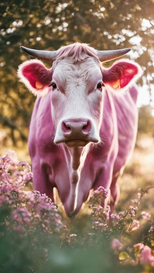 Jasna, marzycielska różowa krowa, spokojnie ciesząca się słonecznym popołudniem.