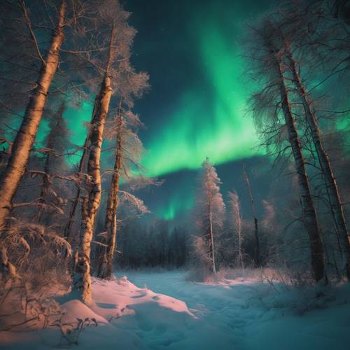 Foresta nordica incantata con la vivida aurora boreale sopra