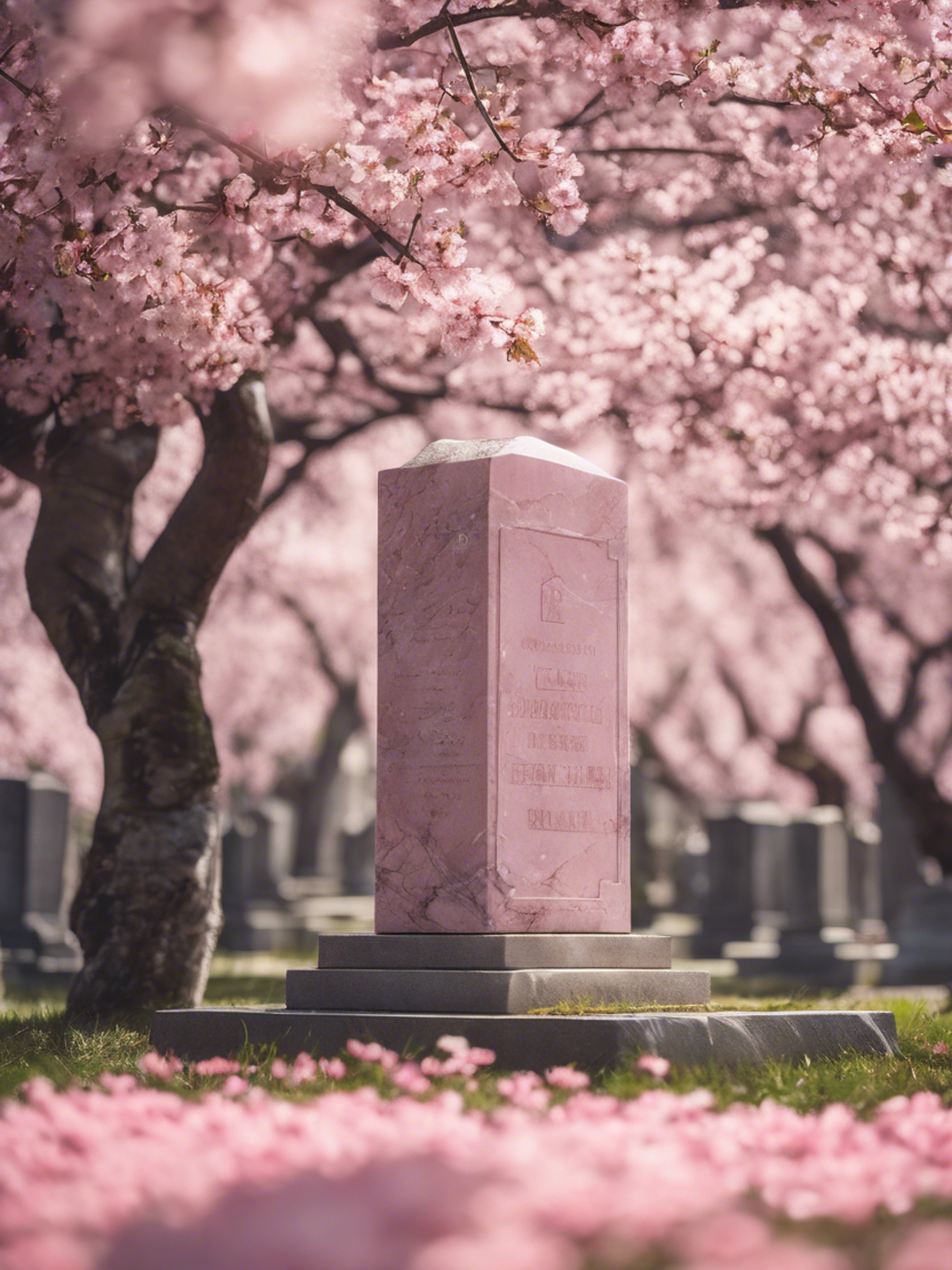 Pink marble headstone surrounded by blooming cherry blossom trees in a tranquil cemetery. ផ្ទាំង​រូបភាព[6605d21f56504ecfad88]