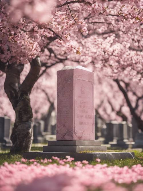 고요한 묘지에 만발한 벚꽃 나무로 둘러싸인 분홍색 대리석 비석입니다.