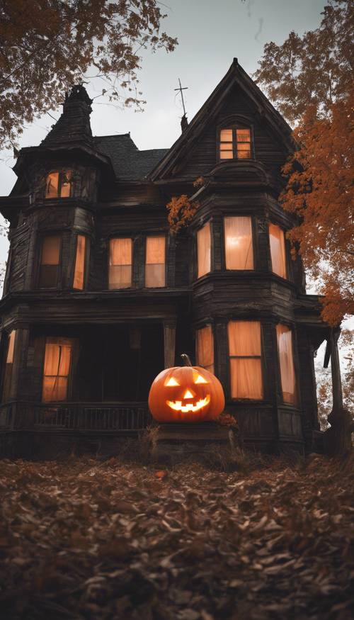 An old haunted house with an oversized, grinning orange jack-o'-lantern out front on Halloween night Tapet [d4d626661d9c4ed389fb]