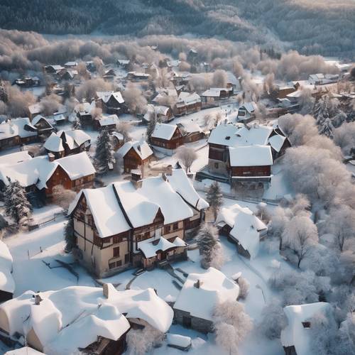 鸟瞰风景如画的白雪覆盖的村庄。