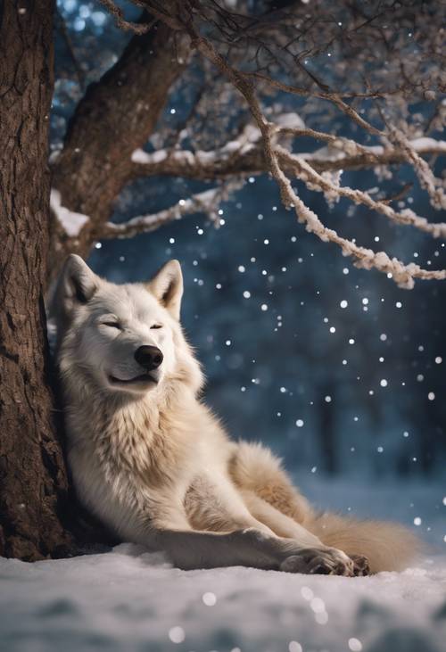 Una scena serena di un lupo bianco che dorme sotto un albero durante una notte nevosa.