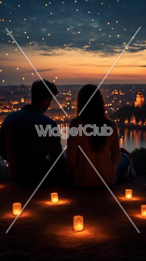 Cảnh quan thành phố tuyệt đẹp vào ban đêm với cặp đôi
