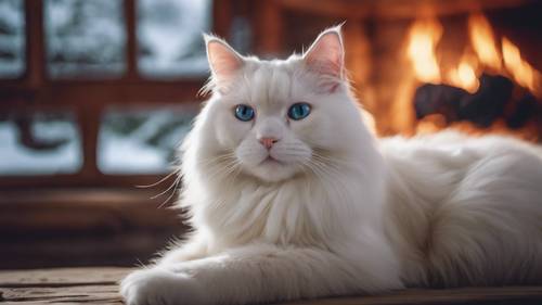 Un chat ragdoll blanc, confortablement recroquevillé devant un foyer rugissant dans une cabane en rondins, regardant la neige tomber à l&#39;extérieur.