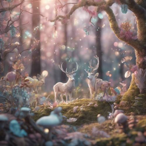 Uma cena em tons pastéis de uma floresta extravagante repleta de criaturas mágicas.