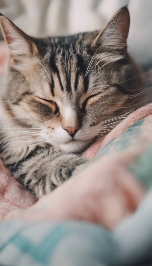 Primo piano di un gatto domestico che dorme pacificamente, con la pelliccia decorata con motivi a quadri color pastello.