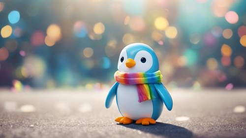 一只戴着彩虹色围巾的可爱的浅蓝色企鹅。