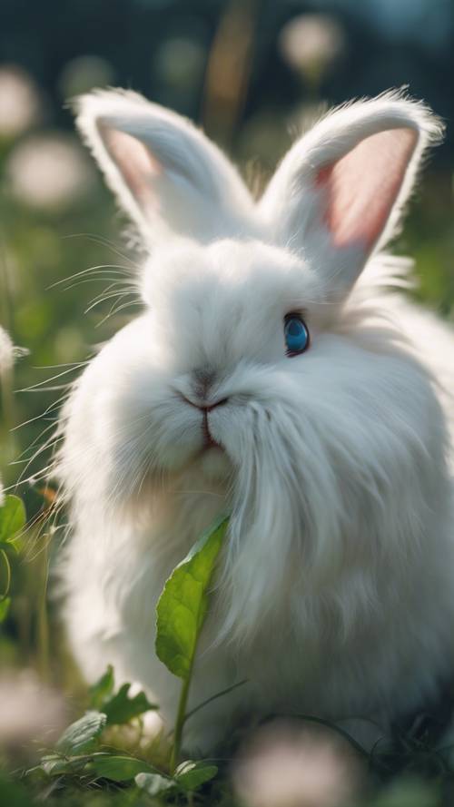 Un conejo de angora esponjoso con grandes ojos azules, cómodamente acurrucado en un campo de trébol.