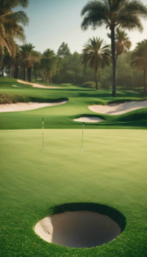 Karpet rumput hijau zamrud yang terawat sempurna di lapangan golf mewah, dengan sekilas bunker pasir di latar belakang.