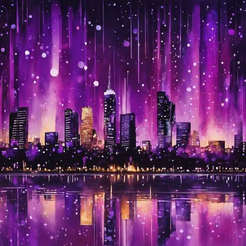 Uma pintura abstrata do horizonte de uma cidade à noite com luzes roxas refletindo na água.