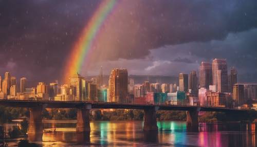 A beautiful rainbow forming a bridge over a cityscape after the rain