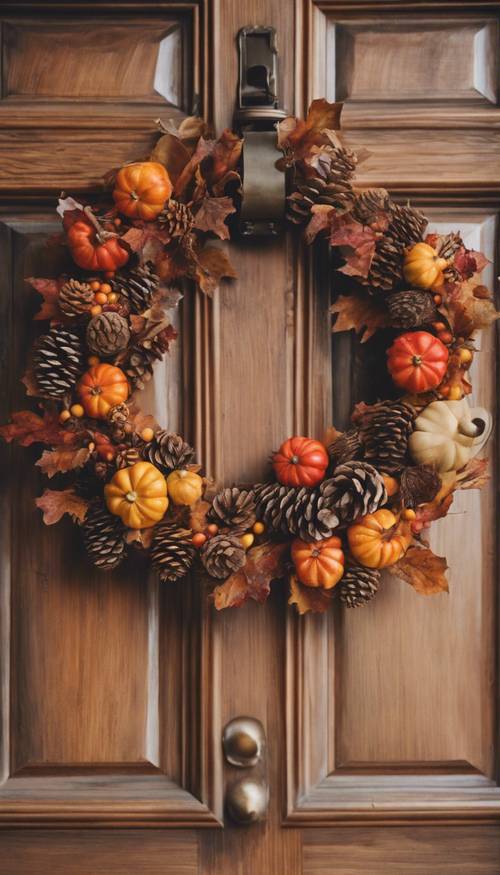 Detailed shot of a well-crafted Thanksgiving wreath featuring autumn leaves, small gourds, and pinecones against a wooden door.