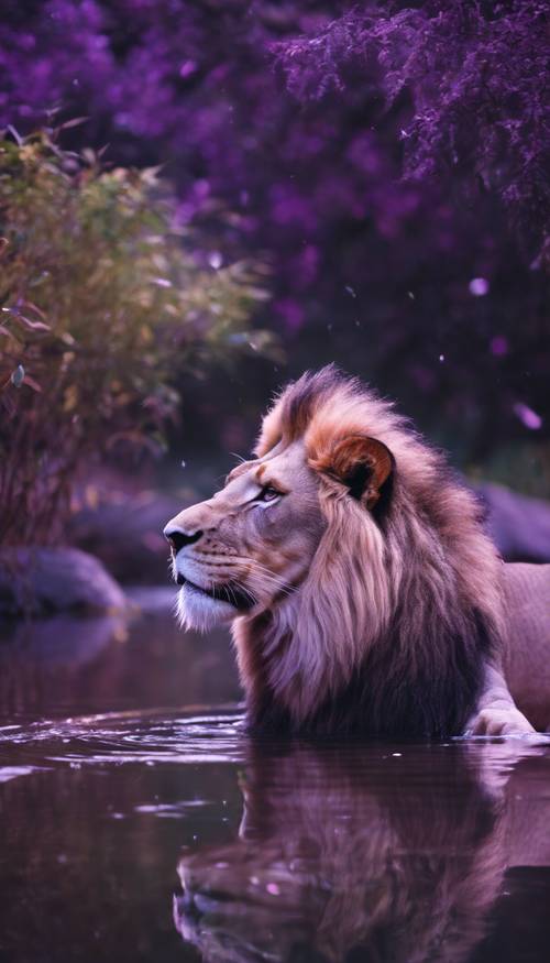 Um leão deslumbrante de cor púrpura incomum, bebendo calmamente água de um riacho iluminado pela lua.