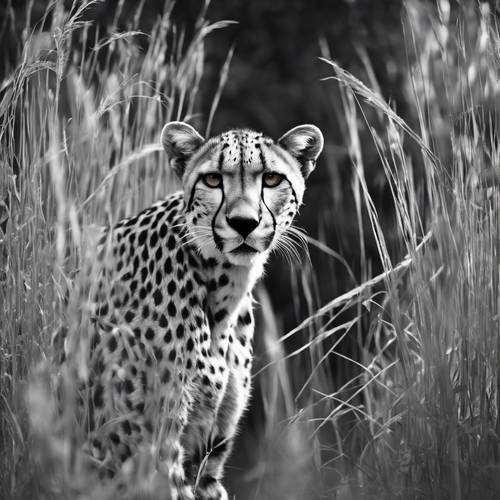 Odważny kontrast czarno-białego geparda otoczonego wysoką trawą w dżungli, gotowego na idealną zasadzkę.