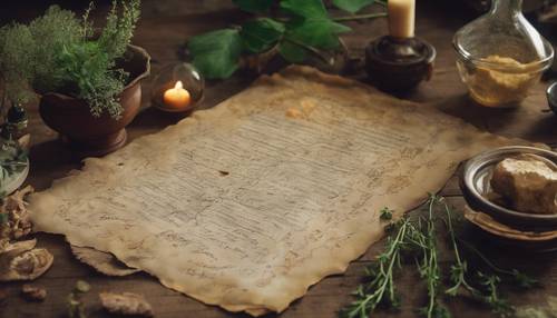 A parchment containing the recipe for an ancient alchemical potion with illustrations of herbs. Tapet [fa403e3e5e214e11a120]