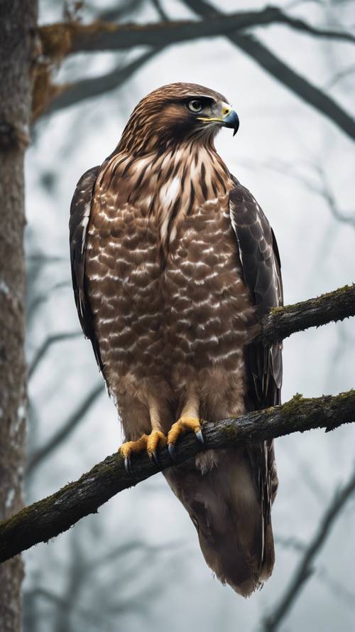 Un maestoso falco appollaiato in cima a un albero nebbioso della foresta, in attesa della prossima caccia.