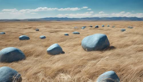 A serene landscape of a rolling plain made entirely of smooth blue stone, under a bright midday azure sky.