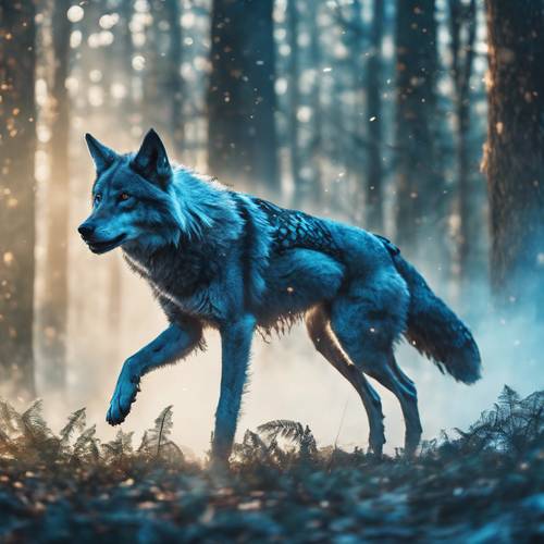 A fantastic image of a winged wolf levitating above a magical forest, wisps of cool blue mist swirling around it.