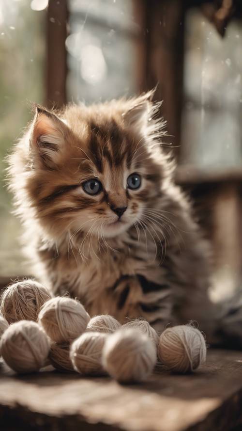 A rustic portrait of a playful kitten with fluffy fur playing with a ball of yarn in a cosy cottage.