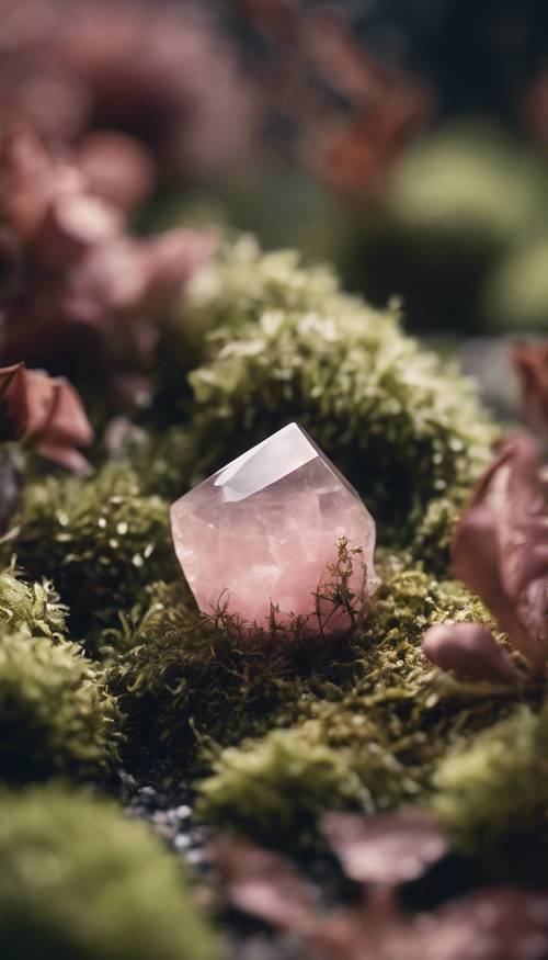 Un delicado cristal de cuarzo rosa que descansa sobre un suave lecho de musgo.