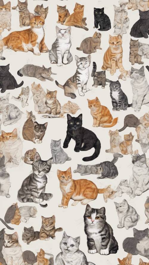 Un assortimento di scarabocchi disegnati a mano di teneri gattini in varie pose giocose, disposti in un collage.