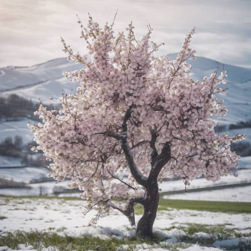 Eine lebendig skizzierte Ansicht eines einsamen Pflaumenbaums in voller Blüte inmitten eines schneebedeckten Feldes.