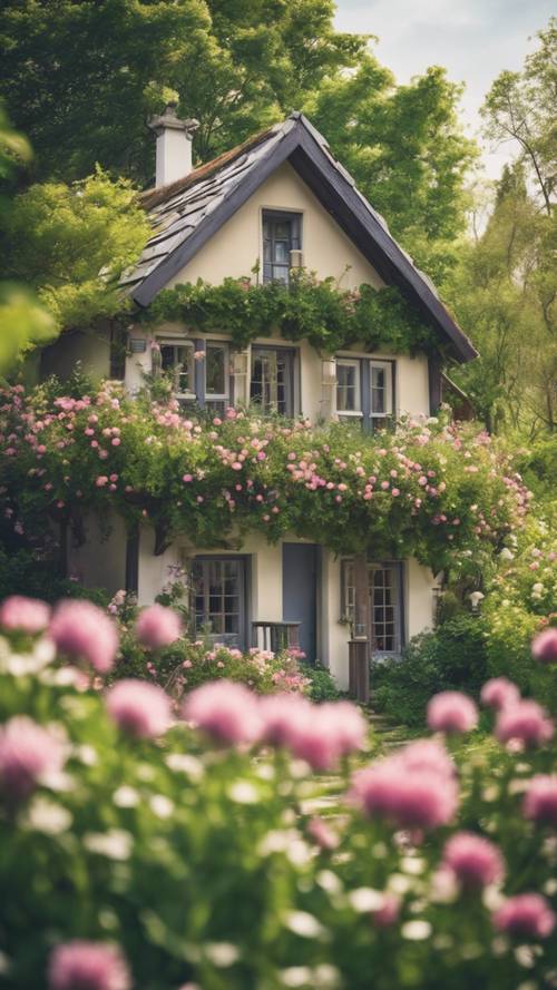 Malownicza scena uroczego małego domku otoczonego bukietem wiosennych kwiatów i nowych zielonych liści.