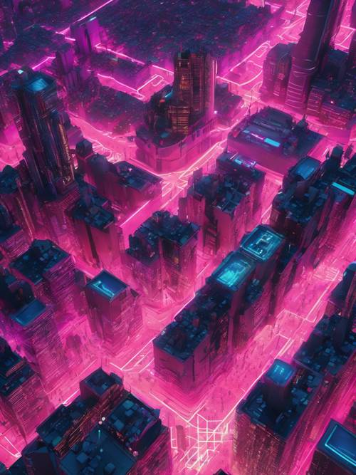 An aerial shot of a cyberpunk city grid with a glittering sea of lights.