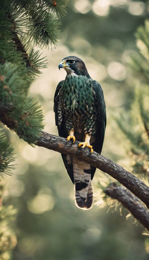 A sleek forest green falcon, perched high in a pine tree looking for its prey.