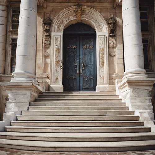 Una grande scalinata in pietra bianca conduce ad una maestosa porta antica.