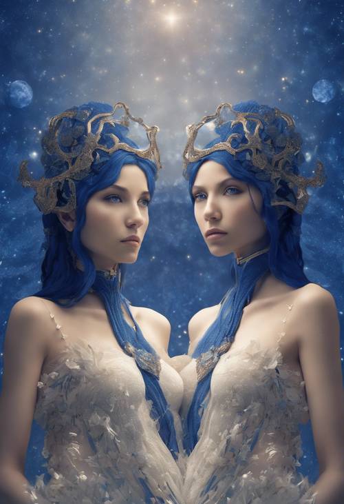 A fantasy illustration of Gemini twins viewed under a rich, lapis blue dusky sky.