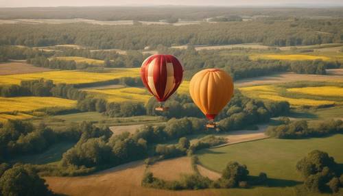 Balon udara tradisional baru saja lepas landas, melayang tinggi di atas hamparan ladang bunga yang cerah pada pagi musim panas yang cerah.