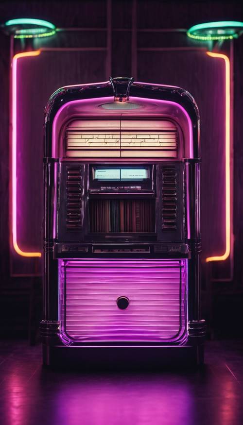 Retro-Jukebox, die mit neonvioletten Lichtern vor einem schwarzen Hintergrund leuchtet.