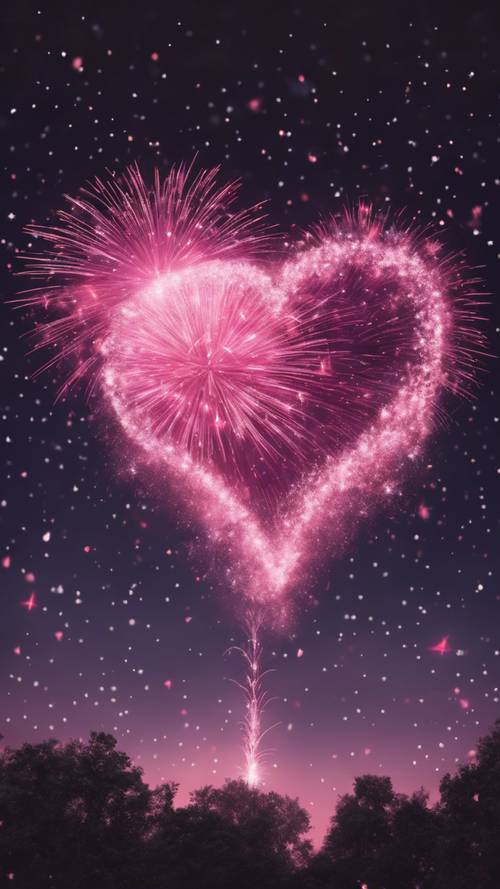 Pink heart-shaped fireworks bursting against a starry night sky.