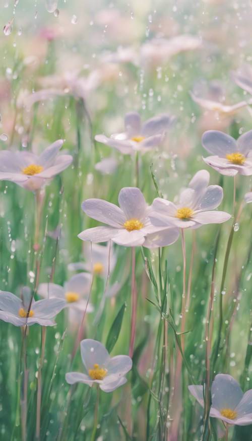 An abstract representation of a minimalist spring, featuring pastel lines and shapes suggesting flowers, rain, and fresh greenery.