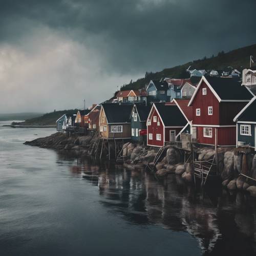 Un pintoresco pueblo pesquero nórdico durante una tormenta