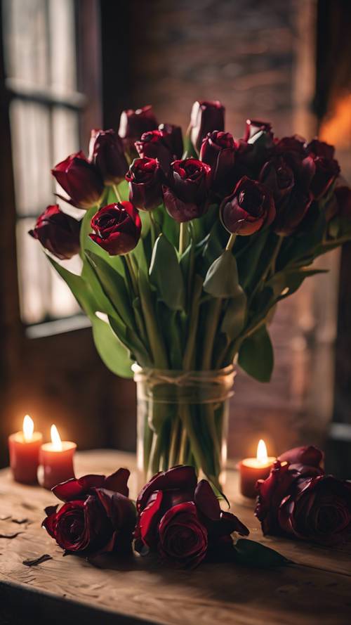 A lavish bouquet of dark roses and tulips resting on a wooden table in candlelight.