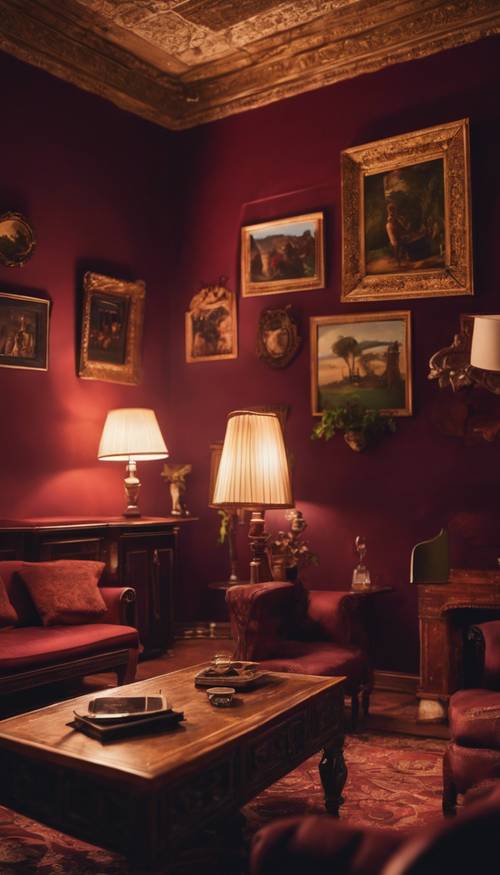 적갈색으로 칠해진 벽, 앤티크 가구, 따뜻하고 아늑한 조명을 갖춘 편안한 객실입니다.