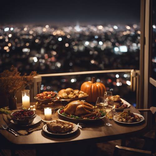 Jantar de Ação de Graças tarde da noite na sacada para dois com vista para as luzes da cidade.