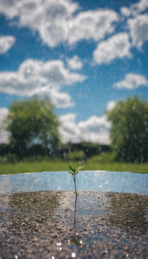 春の訪れを暗示する孤独な雨水たまりに映る澄んだ青い空