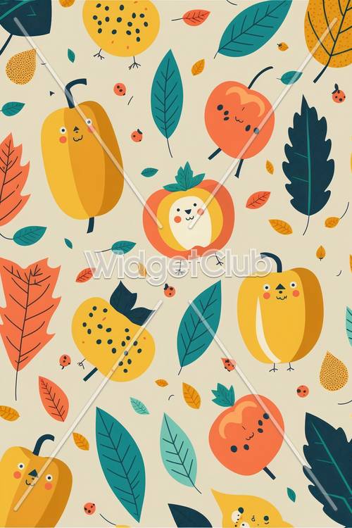 かわいいアニメの秋の果物と葉っぱの柄の壁紙 - 子供向け